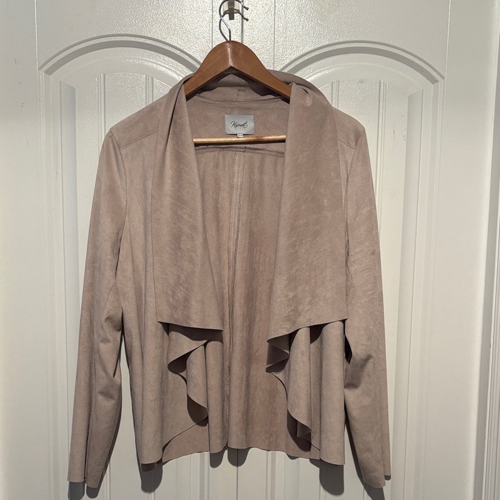 Kismet Taupe Draped Faux Suede Open-Front Blazer